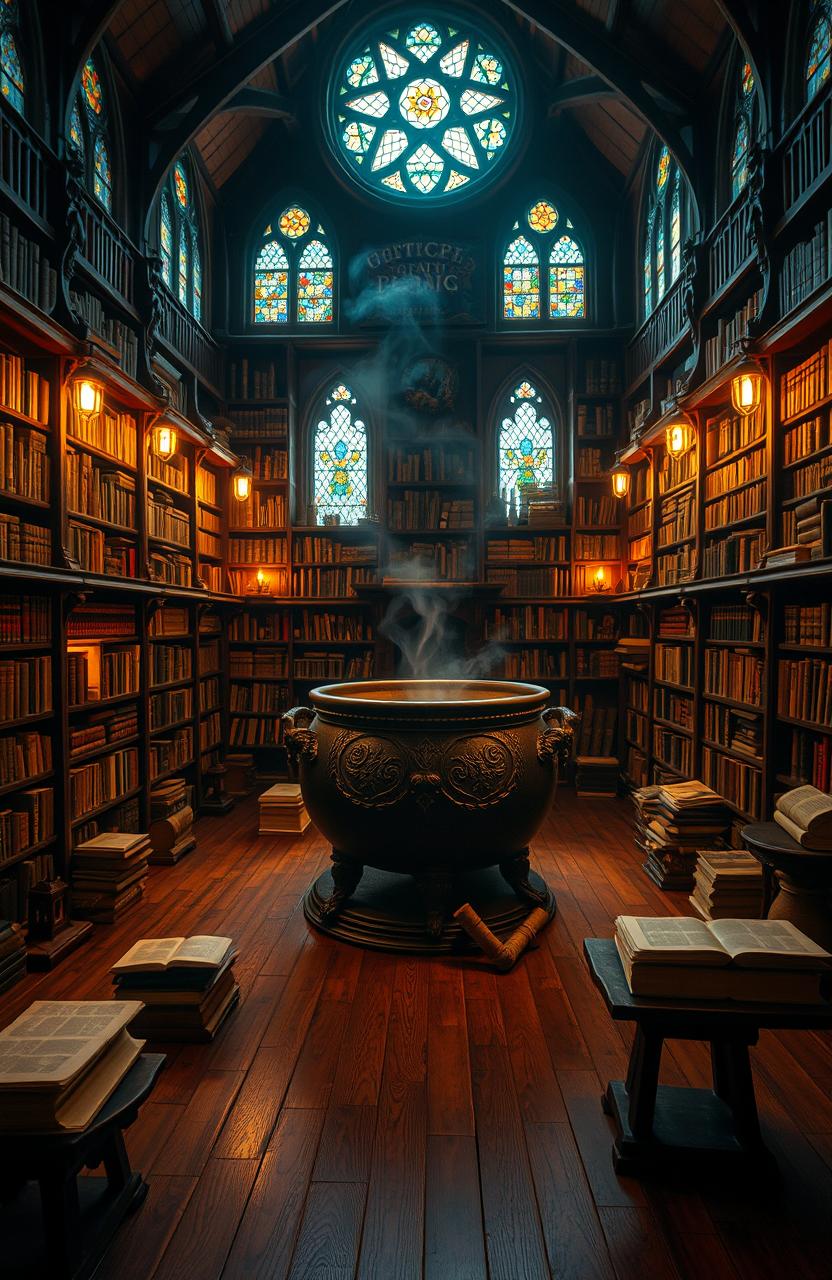 A magical library in Tigua, Ecuador, featuring a large, ornate cauldron at its center