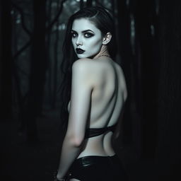 A gothic, sexy, realistic girl with strikingly pale white skin and bold black makeup that highlights her alluring features