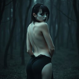 A gothic, sexy, realistic girl with strikingly pale white skin and bold black makeup that highlights her alluring features