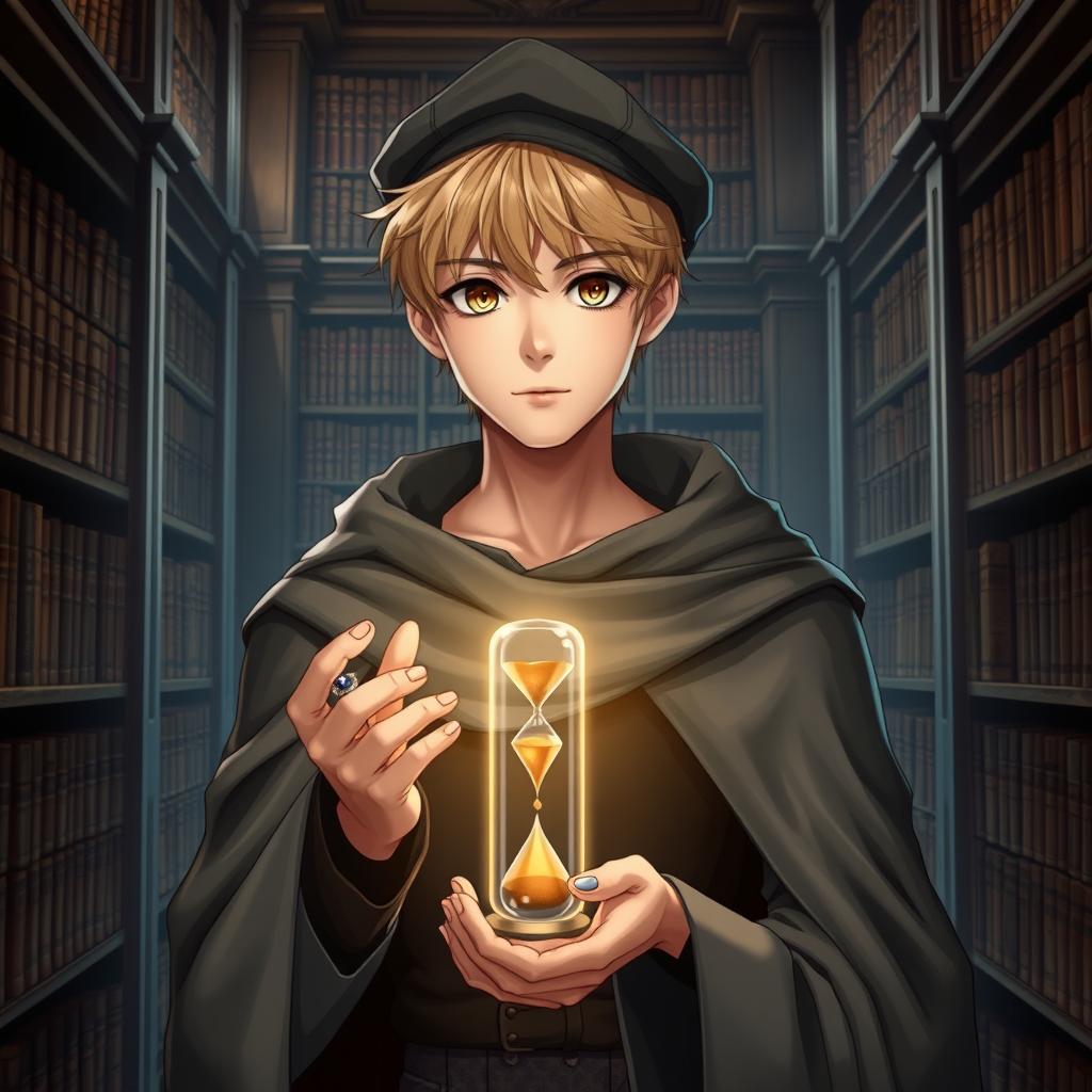 A young male mage, approximately 25 years old, with short blonde hair and expressive brown eyes