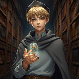 A young male mage, approximately 25 years old, with short blonde hair and expressive brown eyes