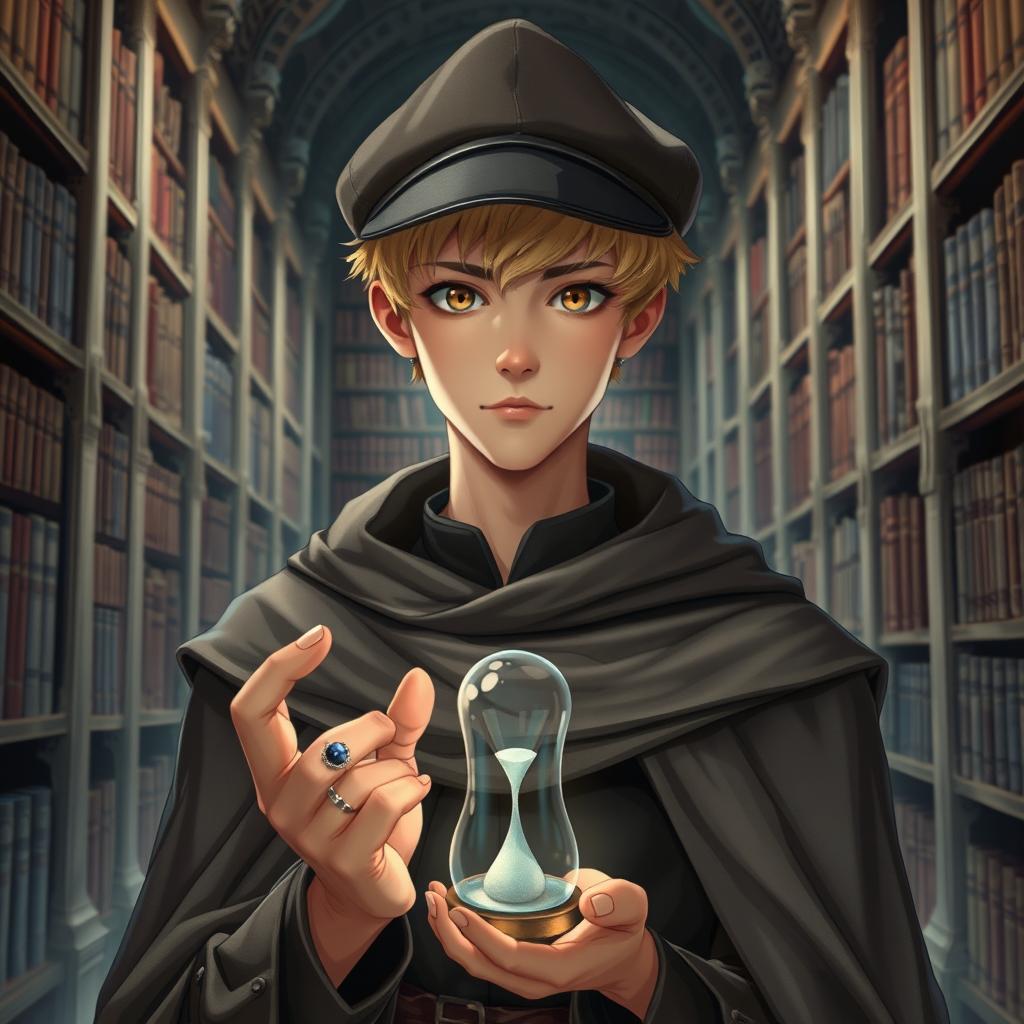 A young male mage, approximately 25 years old, with short blonde hair and expressive brown eyes