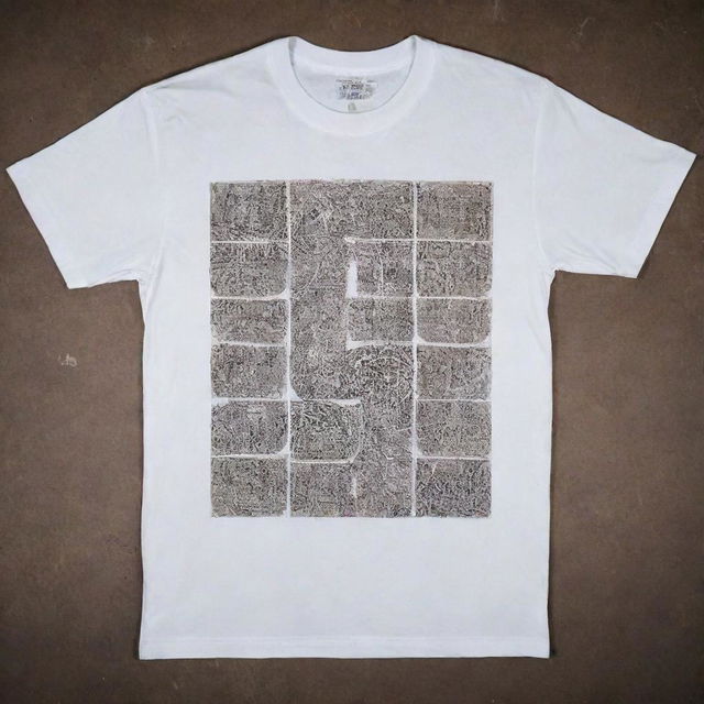 A grungy white t-shirt displaying the text 'B H U L D A Z' with each letter spaced evenly across the front. The shirt is adorned with diverse intricate designs standing out against its dirty texture.