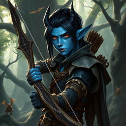 A young adult, slender blue-skinned tiefling with sleek black hair, confidently holding a beautifully crafted bow, set against a dramatic fantasy backdrop