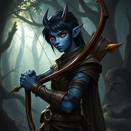 A young adult, slender blue-skinned tiefling with sleek black hair, confidently holding a beautifully crafted bow, set against a dramatic fantasy backdrop