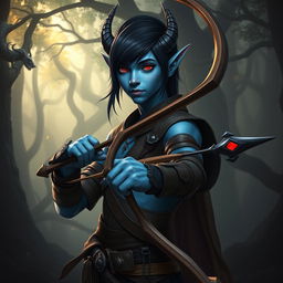 A young adult, slender blue-skinned tiefling with sleek black hair, confidently holding a beautifully crafted bow, set against a dramatic fantasy backdrop