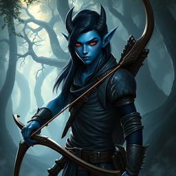 A young adult, slender blue-skinned tiefling with sleek black hair, confidently holding a beautifully crafted bow, set against a dramatic fantasy backdrop