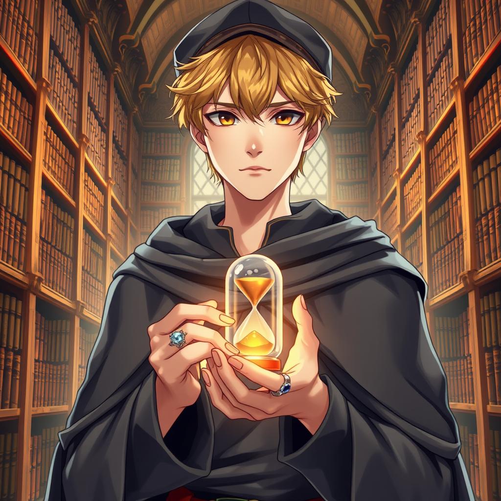 A young male mage, approximately 25 years old, with short blonde hair and expressive brown eyes