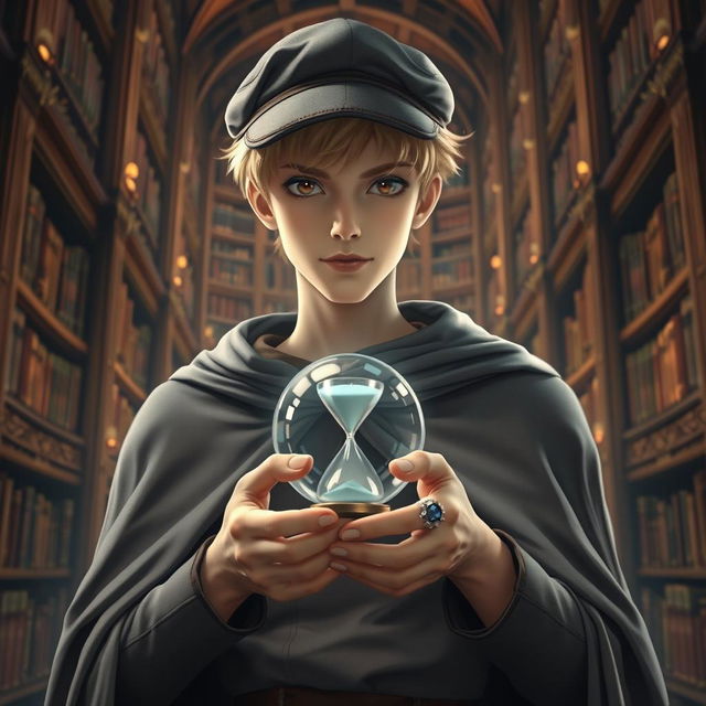 A young male mage, approximately 25 years old, with short blonde hair and expressive brown eyes