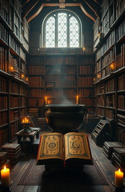 An ancient library with tall wooden bookshelves filled with old tomes, softly illuminated by flickering candlelight