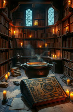 An ancient library with tall wooden bookshelves filled with old tomes, softly illuminated by flickering candlelight