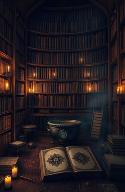 An ancient library with tall wooden bookshelves filled with old tomes, softly illuminated by flickering candlelight