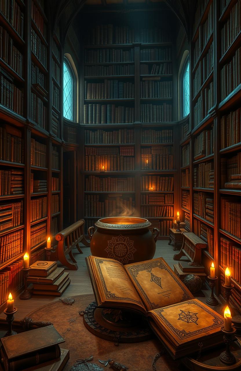 An ancient library with tall wooden bookshelves filled with old tomes, softly illuminated by flickering candlelight