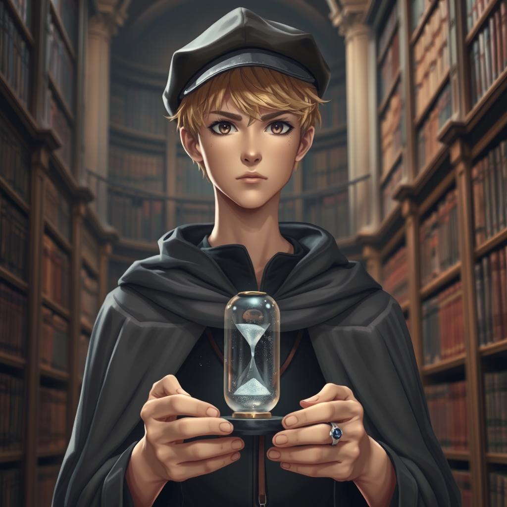 A young male mage, approximately 25 years old, with short blonde hair and expressive brown eyes