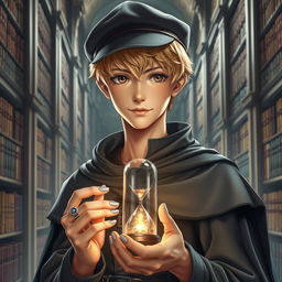 A young male mage, approximately 25 years old, with short blonde hair and expressive brown eyes