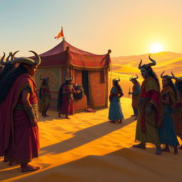 A vibrant scene featuring a group of tieflings gathered around a colorful nomadic caravan in a vast desert landscape