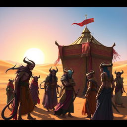 A vibrant scene featuring a group of tieflings gathered around a colorful nomadic caravan in a vast desert landscape