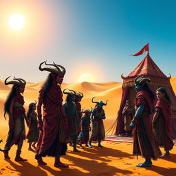 A vibrant scene featuring a group of tieflings gathered around a colorful nomadic caravan in a vast desert landscape