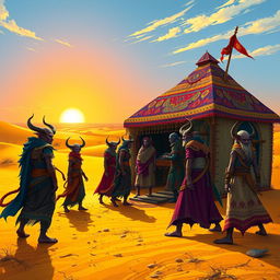 A vibrant scene featuring a group of tieflings gathered around a colorful nomadic caravan in a vast desert landscape