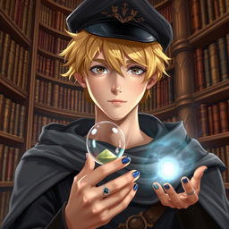 A young male mage, around 25 years old, featuring short blonde hair and captivating brown eyes