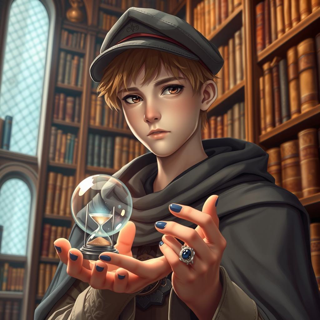 A young male mage, around 25 years old, featuring short blonde hair and captivating brown eyes