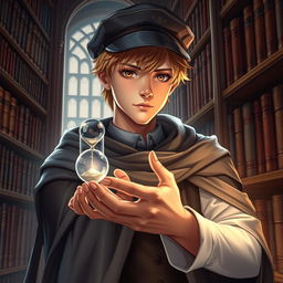 A young male mage, around 25 years old, featuring short blonde hair and captivating brown eyes