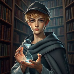 A young male mage, around 25 years old, featuring short blonde hair and captivating brown eyes