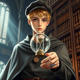 A young male mage, around 25 years old, sporting short blonde hair and expressive brown eyes