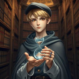 A young male mage, around 25 years old, sporting short blonde hair and expressive brown eyes