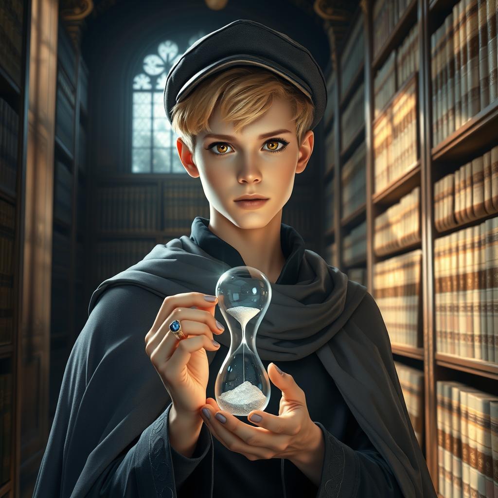 A young male mage, around 25 years old, sporting short blonde hair and expressive brown eyes