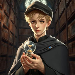 A young male mage, around 25 years old, sporting short blonde hair and expressive brown eyes