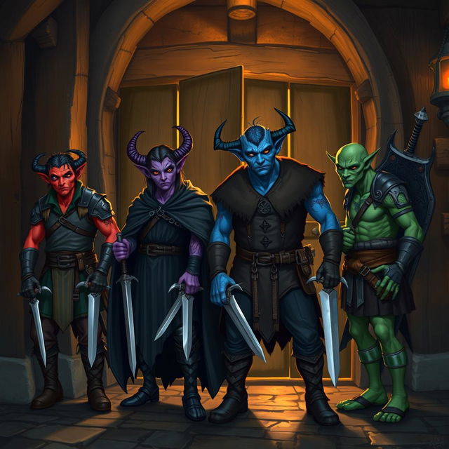 A group of four tieflings standing at the door of a medieval tavern, each wearing unique clothing that reflects their individual personalities