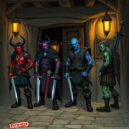 A group of four tieflings standing at the door of a medieval tavern, each wearing unique clothing that reflects their individual personalities