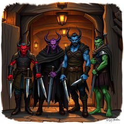 A group of four tieflings standing at the door of a medieval tavern, each wearing unique clothing that reflects their individual personalities