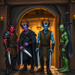 A group of four tieflings standing at the door of a medieval tavern, each wearing unique clothing that reflects their individual personalities