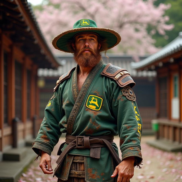 A Brazilian Jiu-Jitsu practitioner, depicted as a rugged redneck samurai wearing a distinctive John Deere hat