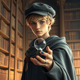 A young male mage, around 25 years old, with short blonde hair and captivating brown eyes