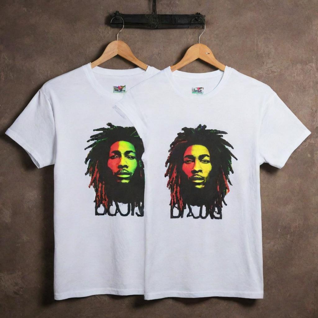 A soiled white t-shirt with the text 'B H U L D A Z' rasta-inspired designs. Both front and back of the shirt have designs that glow in the dark, exhibiting a vibrant contrast against the grungy fabric.