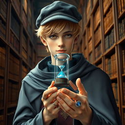 A young male mage, around 25 years old, with short blonde hair and captivating brown eyes