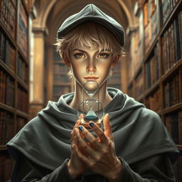 A young male mage, around 25 years old, with short blonde hair and captivating brown eyes