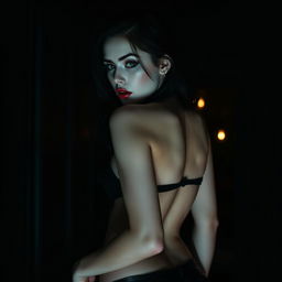 A gothic, sexy, realistic girl with strikingly pale white skin and alluring sexy makeup that enhances her captivating features