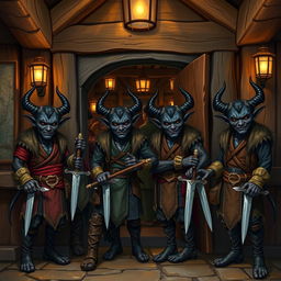 A group of four dark-skinned tieflings standing at the door of a medieval tavern