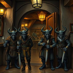 A group of four dark-skinned tieflings standing at the door of a medieval tavern