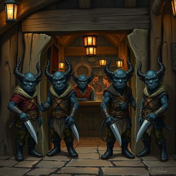 A group of four dark-skinned tieflings standing at the door of a medieval tavern