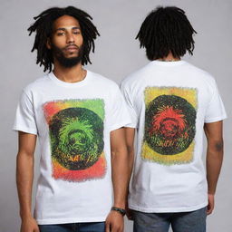 A soiled white t-shirt with the text 'B H U L D A Z' rasta-inspired designs. Both front and back of the shirt have designs that glow in the dark, exhibiting a vibrant contrast against the grungy fabric.