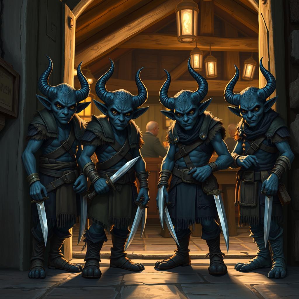 A group of four dark-skinned tieflings standing at the door of a medieval tavern