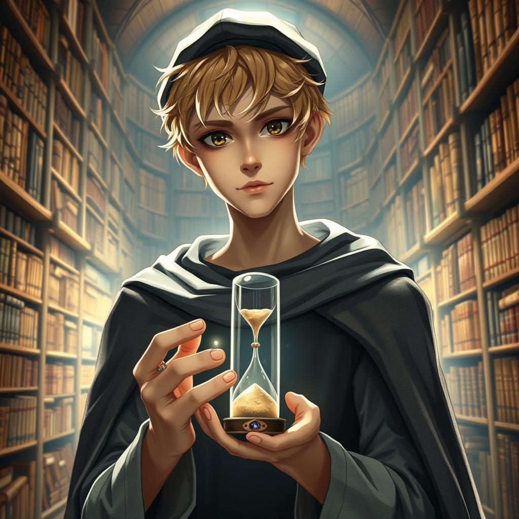 A young male mage, approximately 25 years old, with short blonde hair and expressive brown eyes