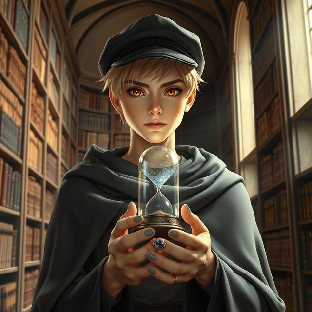 A young male mage, approximately 25 years old, with short blonde hair and expressive brown eyes