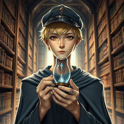 A young male mage, approximately 25 years old, with short blonde hair and expressive brown eyes