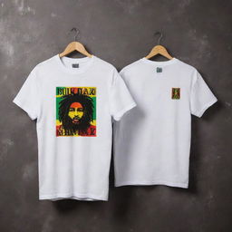 A soiled white t-shirt with the text 'B H U L D A Z' rasta-inspired designs. Both front and back of the shirt have designs that glow in the dark, exhibiting a vibrant contrast against the grungy fabric.